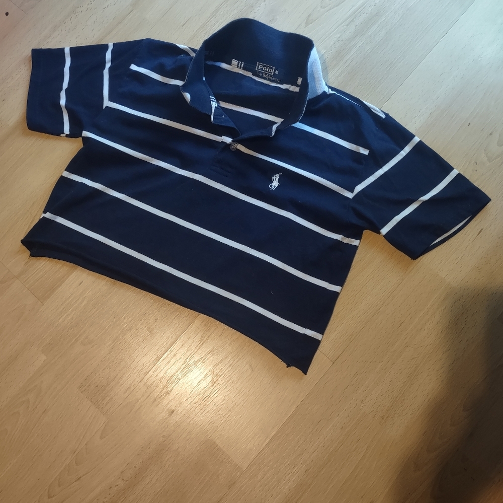 Polo By Ralph Lauren Navy Blue Striped Polo Shirt Crop Top